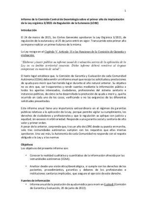 Informe Comisión Central de Deontología Ley de Regulación de la Eutanasia (LORE)
